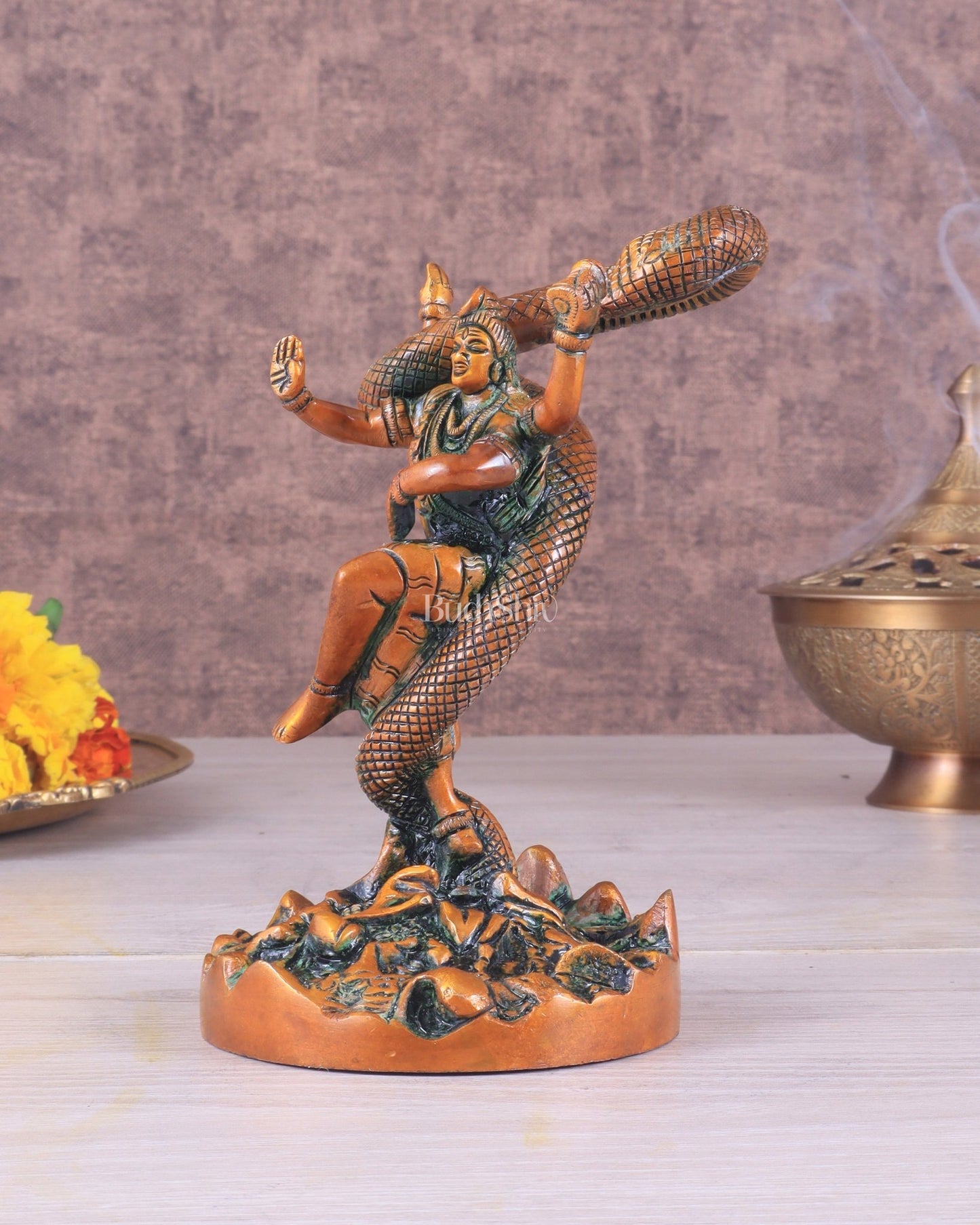 Brass Dancing Shiva Surrounded by Vasuki - Excellent Statue brown tone - Budhshiv.com