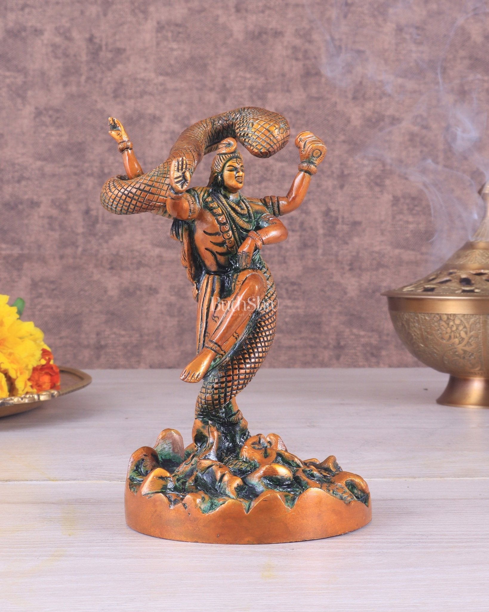 Brass Dancing Shiva Surrounded by Vasuki - Excellent Statue brown tone - Budhshiv.com