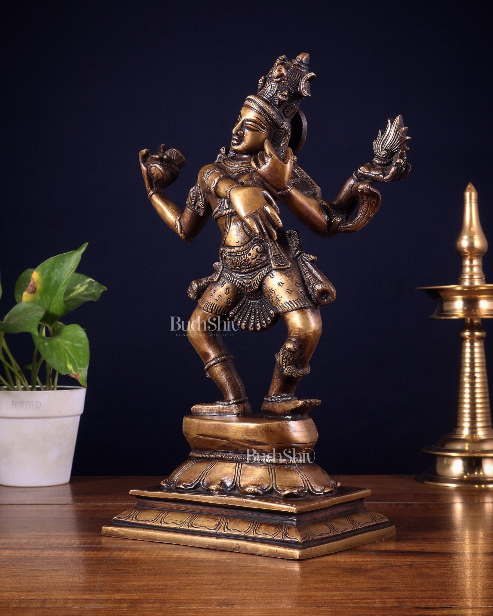 Brass Dancing Shiva with Four Arms Statue - 14" vintage tone - Budhshiv.com