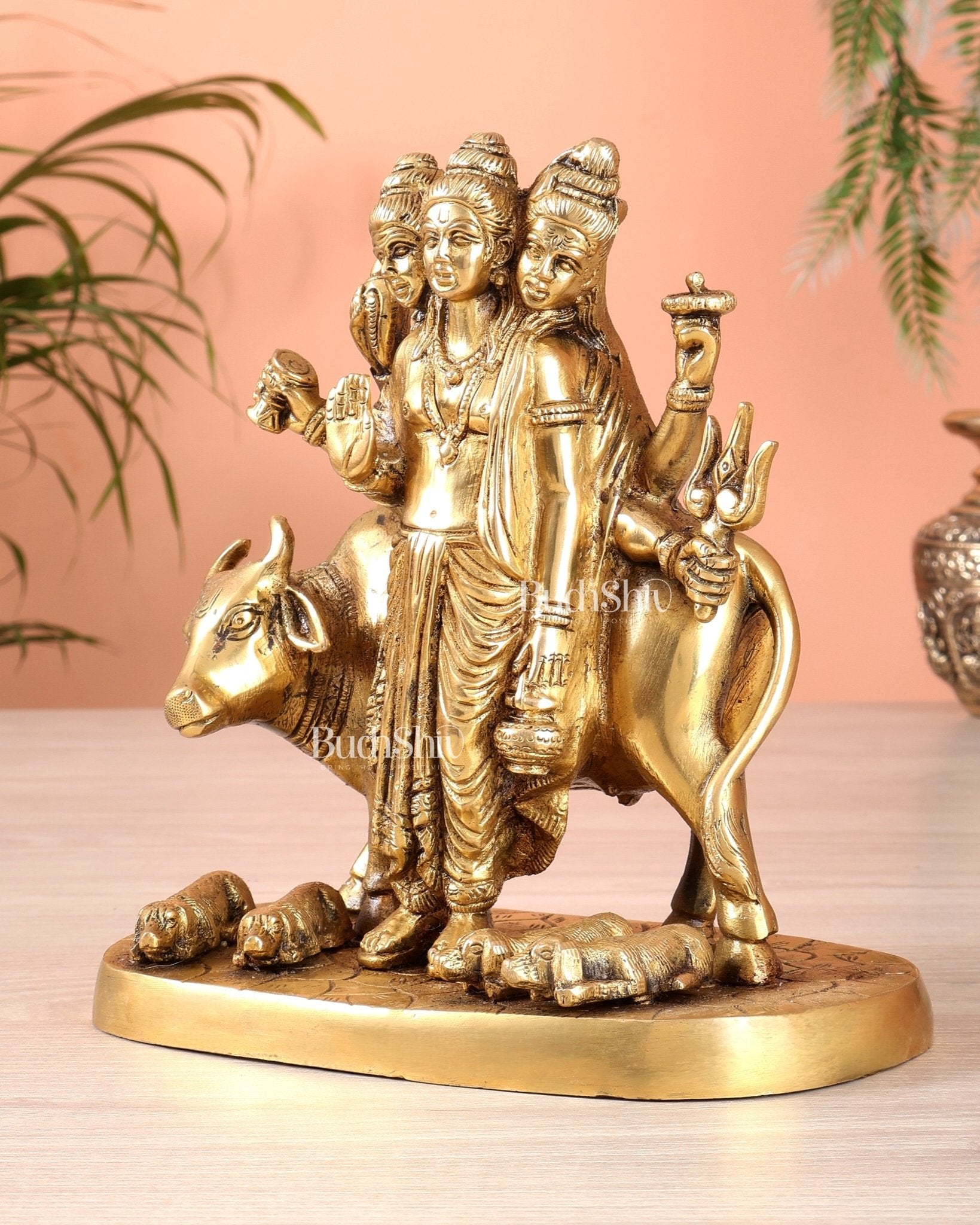 Brass Dattatreya guru with a cow and four dogs 8 inch - Budhshiv.com