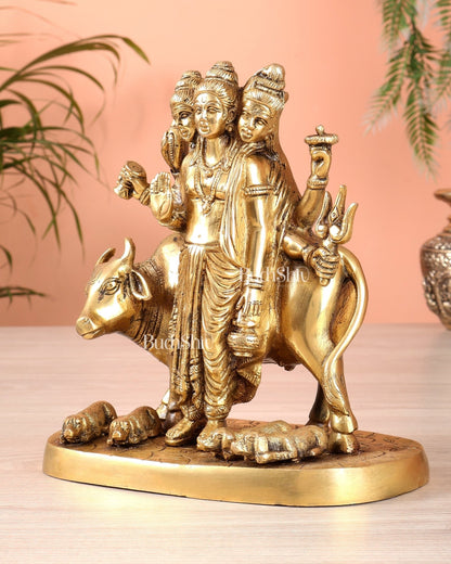 Brass Dattatreya guru with a cow and four dogs 8 inch - Budhshiv.com