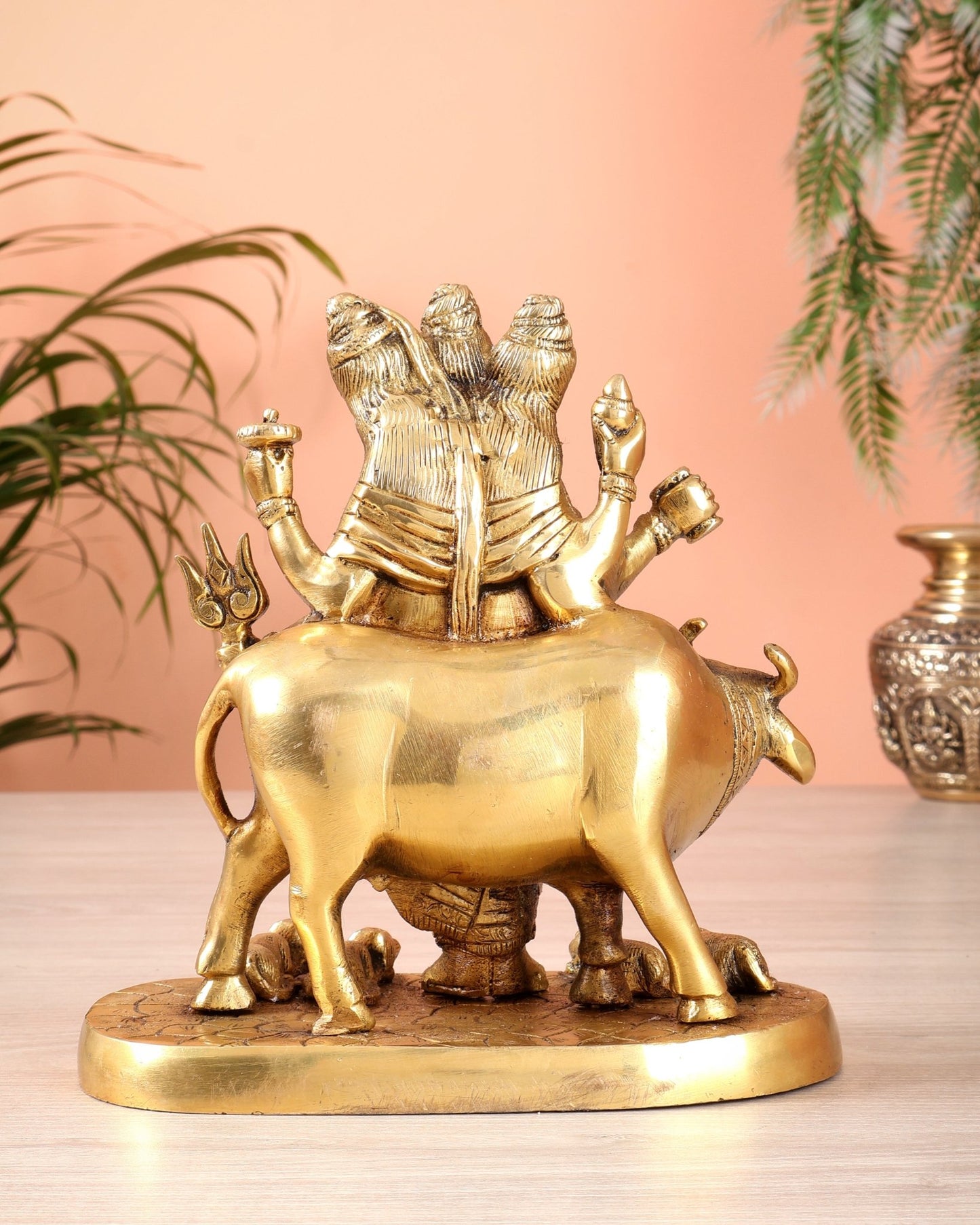Brass Dattatreya guru with a cow and four dogs 8 inch - Budhshiv.com