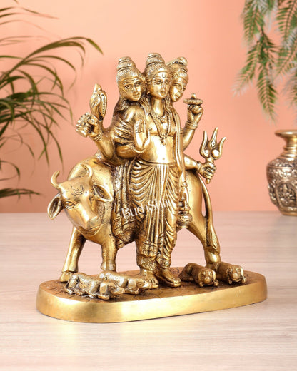 Brass Dattatreya guru with a cow and four dogs 8 inch - Budhshiv.com