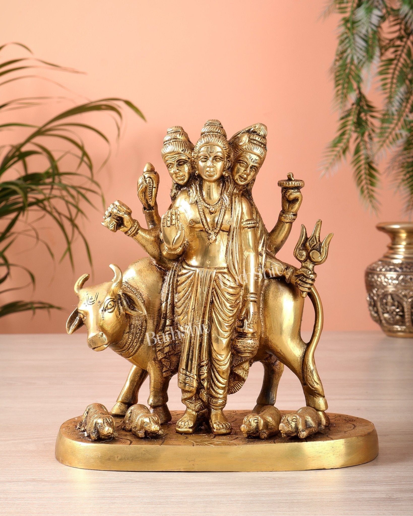 Brass Dattatreya guru with a cow and four dogs 8 inch - Budhshiv.com