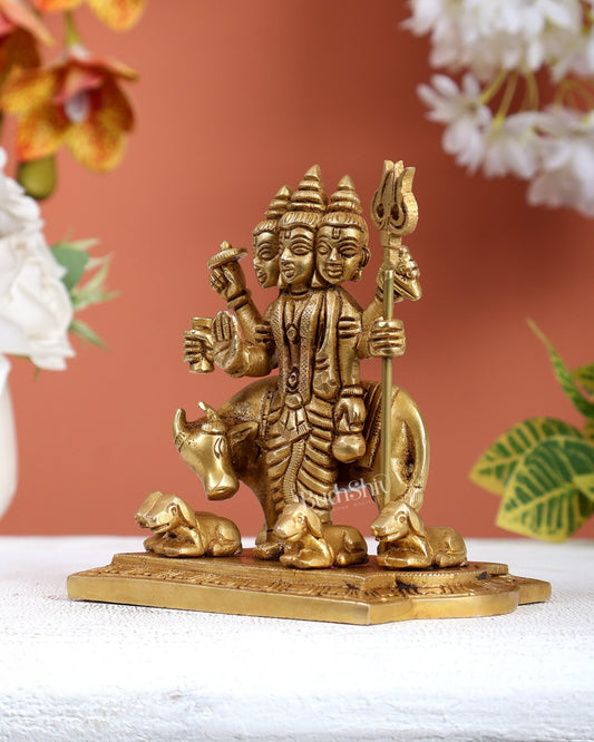 Brass Dattatreya Guru with cow and four dogs idol 5" - Budhshiv.com