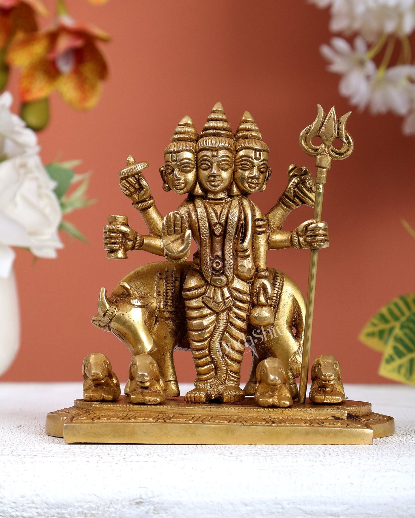 Brass Dattatreya Guru with cow and four dogs idol 5" - Budhshiv.com