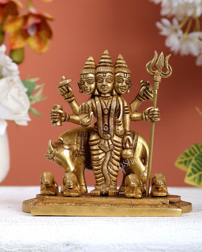 Brass Dattatreya Guru with cow and four dogs idol 5" - Budhshiv.com