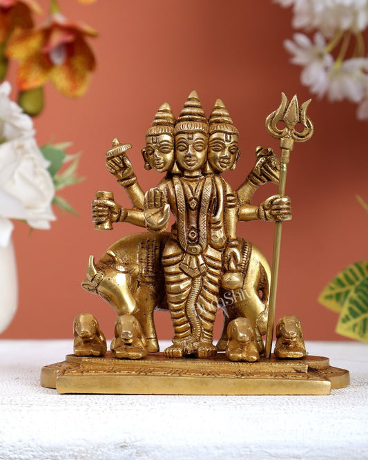 Brass Dattatreya Guru with cow and four dogs idol 5" - Budhshiv.com