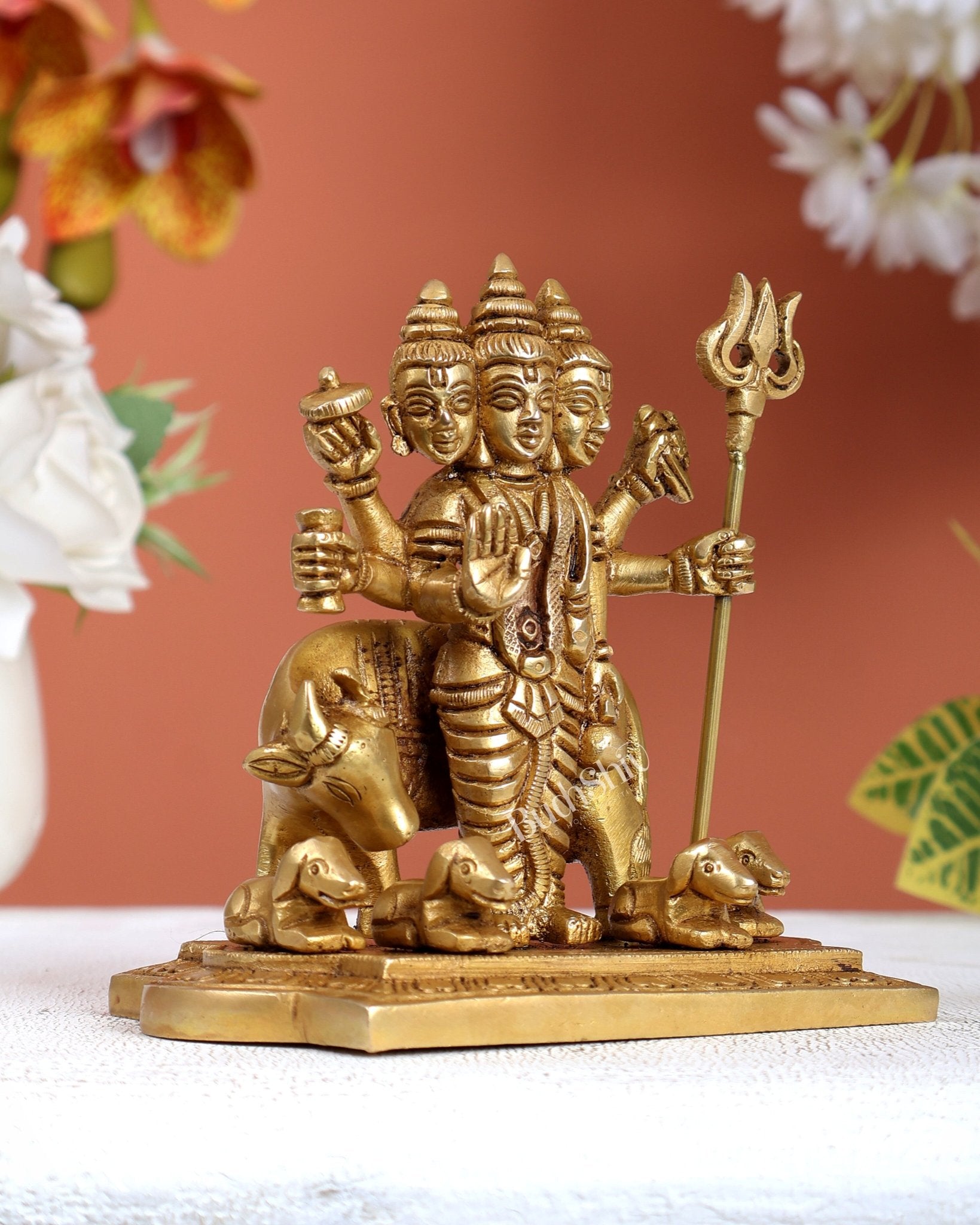 Brass Dattatreya Guru with cow and four dogs idol 5" - Budhshiv.com