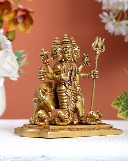Brass Dattatreya Guru with cow and four dogs idol 5" - Budhshiv.com