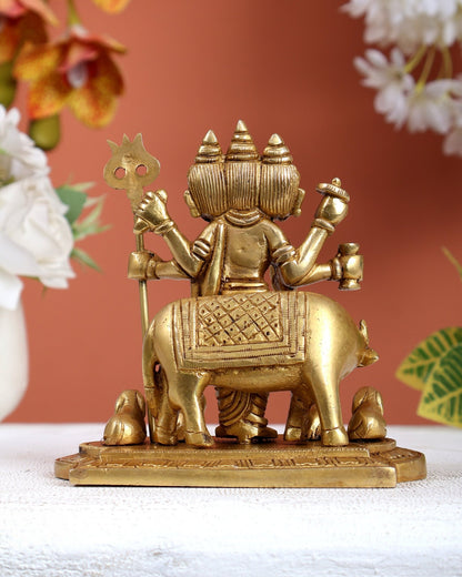 Brass Dattatreya Guru with cow and four dogs idol 5" - Budhshiv.com