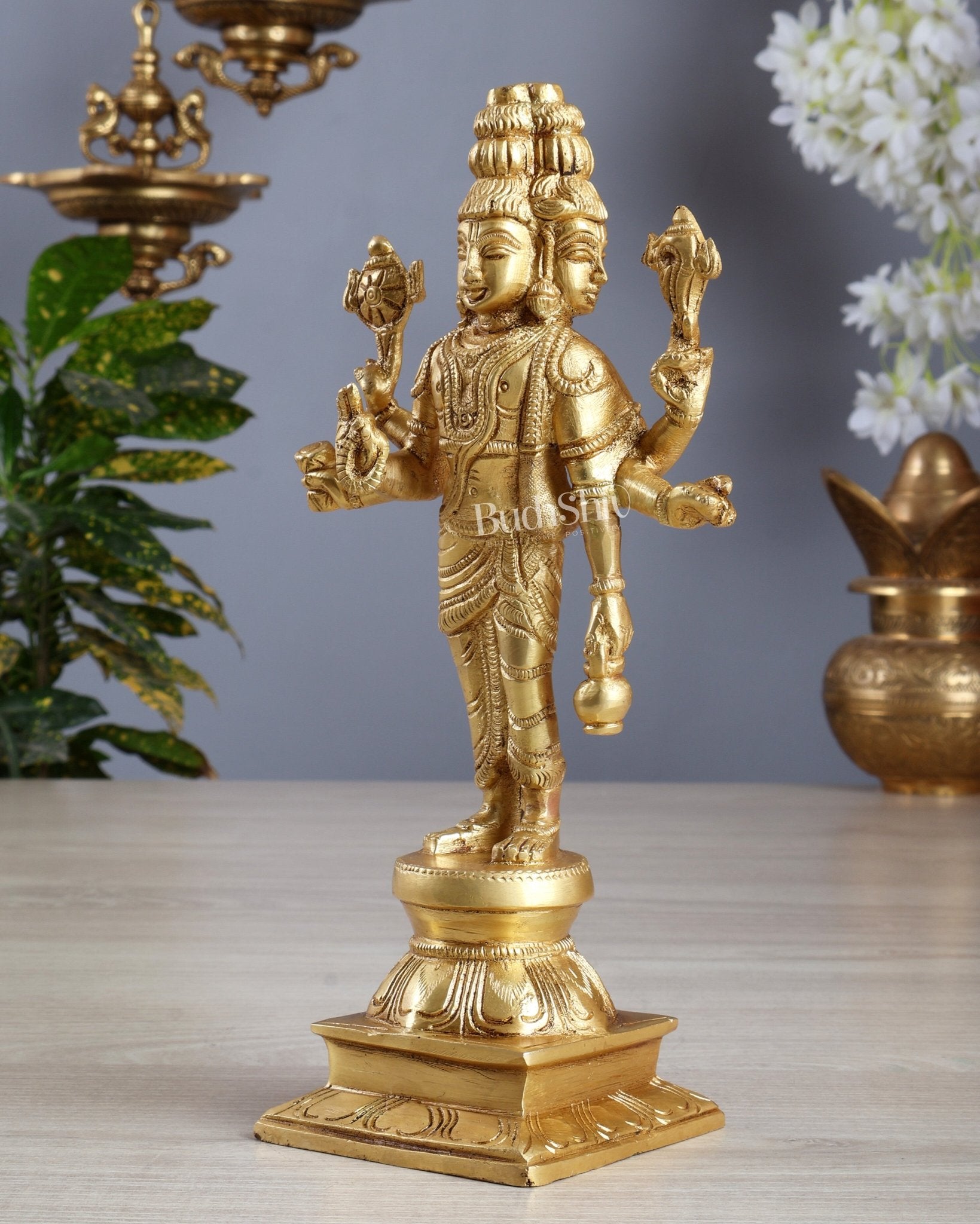 Brass Dattatreya Standing Statue 9.5" - Budhshiv.com