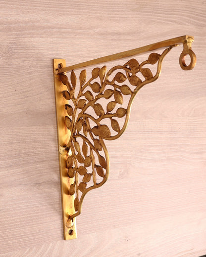 Brass Decorative Bracket for Bells & Hanging Diyas – Leaf Motif Wall Hanger (11.8 Inches) - Budhshiv.com