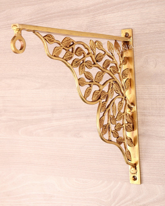 Brass Decorative Bracket for Bells & Hanging Diyas – Leaf Motif Wall Hanger (11.8 Inches) - Budhshiv.com