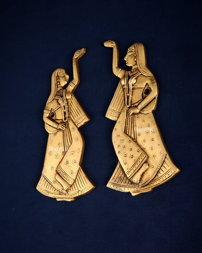 Brass Decorative Dancing Gopi Pair Wall Hanging – Graceful Divine Art 8" - Budhshiv.com