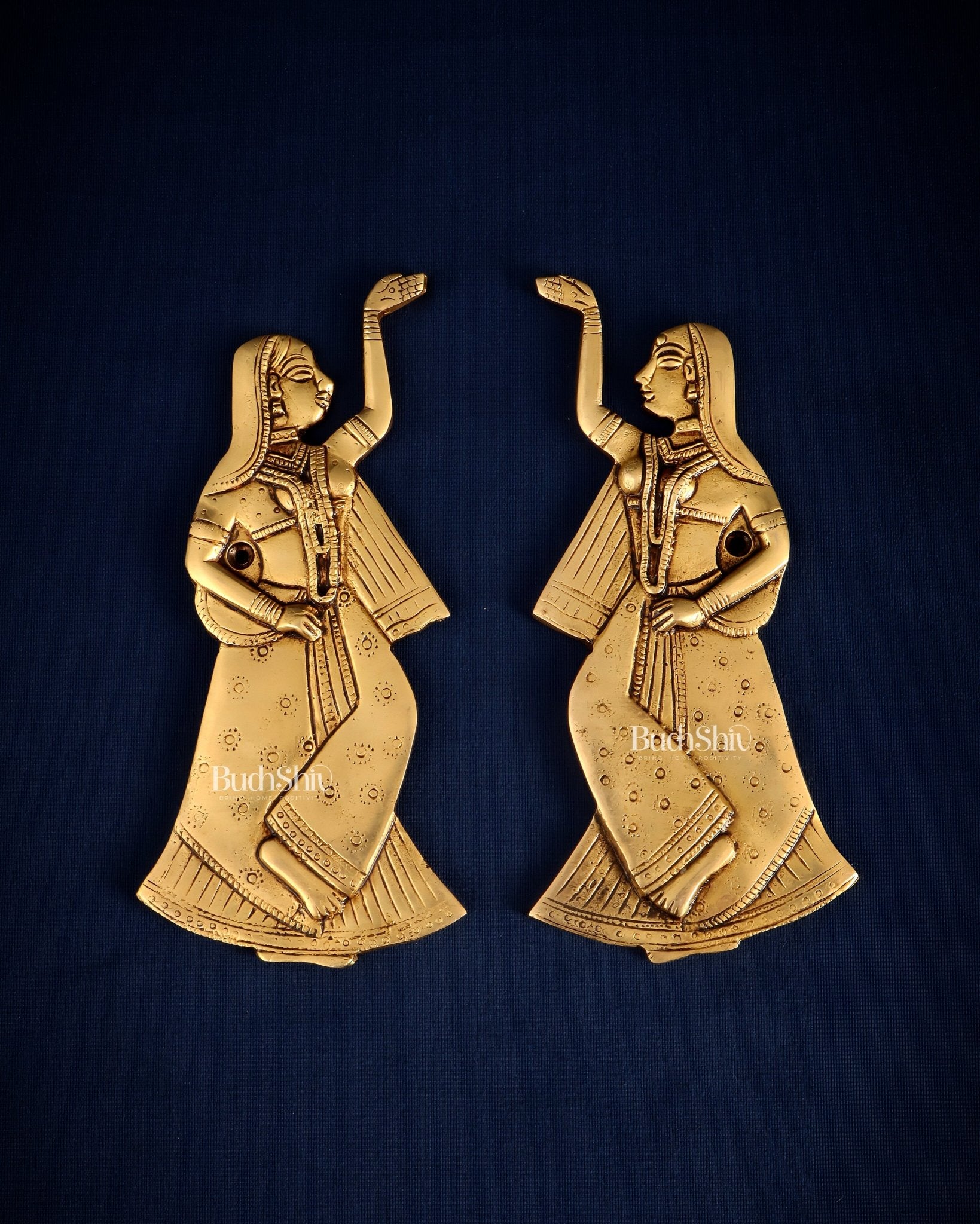 Brass Decorative Dancing Gopi Pair Wall Hanging – Graceful Divine Art 8" - Budhshiv.com