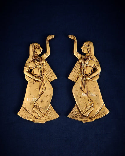 Brass Decorative Dancing Gopi Pair Wall Hanging – Graceful Divine Art 8" - Budhshiv.com