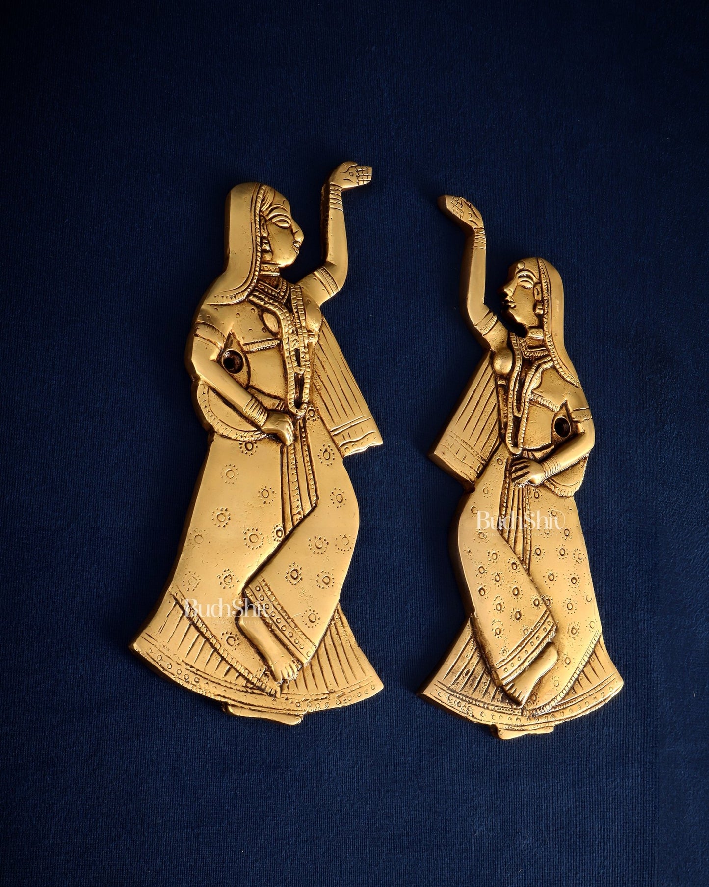 Brass Decorative Dancing Gopi Pair Wall Hanging – Graceful Divine Art 8" - Budhshiv.com