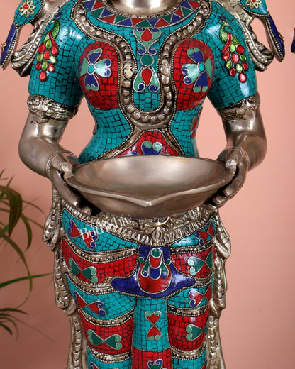 Brass Deep lady Lakshmi Pavaai Vilakku 30" pair with unique Stonework - Budhshiv.com