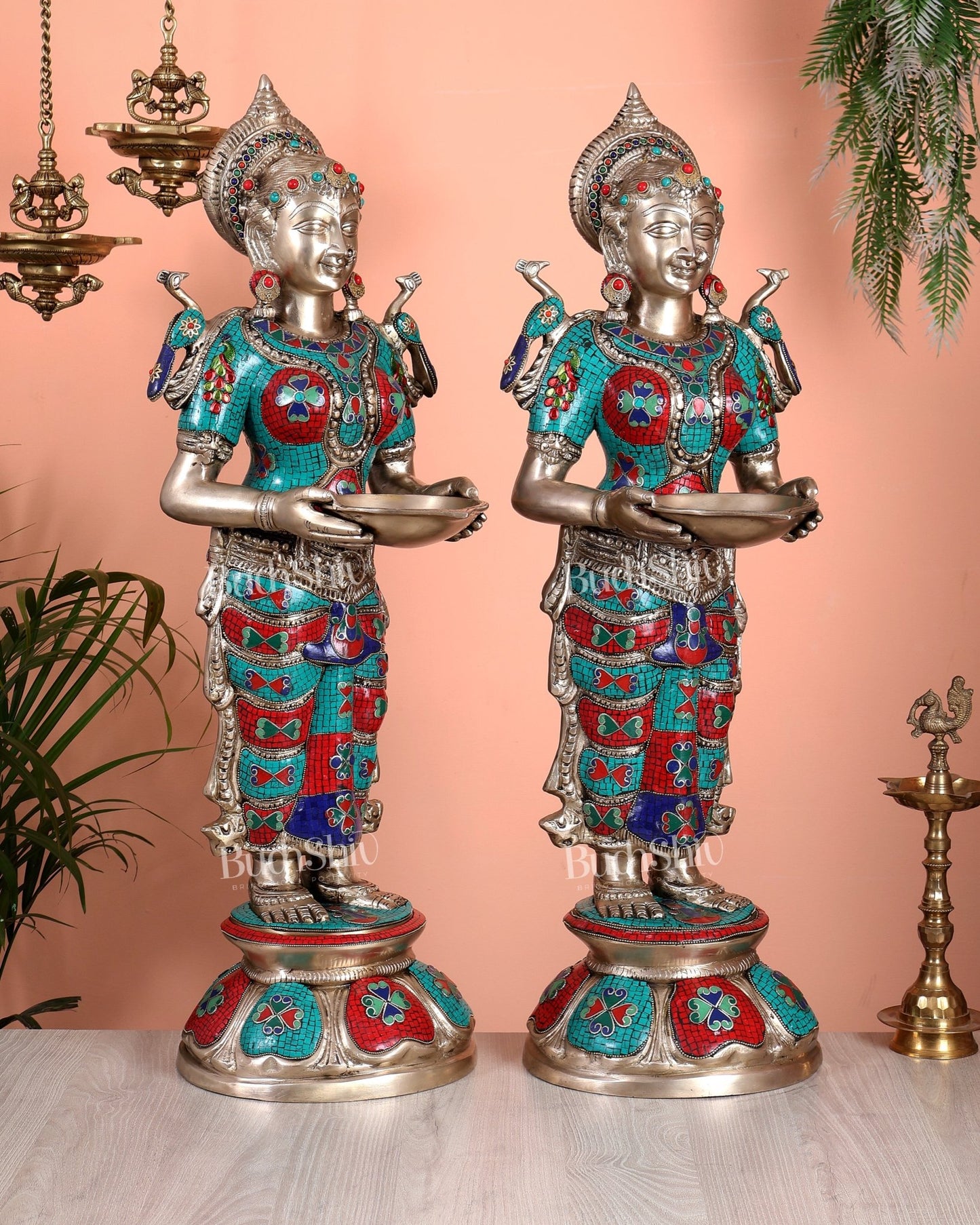 Brass Deep lady Lakshmi Pavaai Vilakku 30" pair with unique Stonework - Budhshiv.com