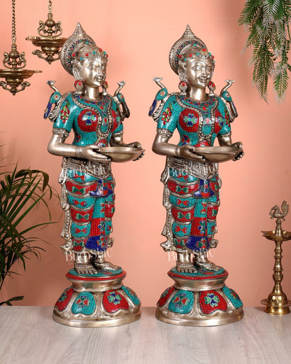 Brass Deep lady Lakshmi Pavaai Vilakku 30" pair with unique Stonework - Budhshiv.com