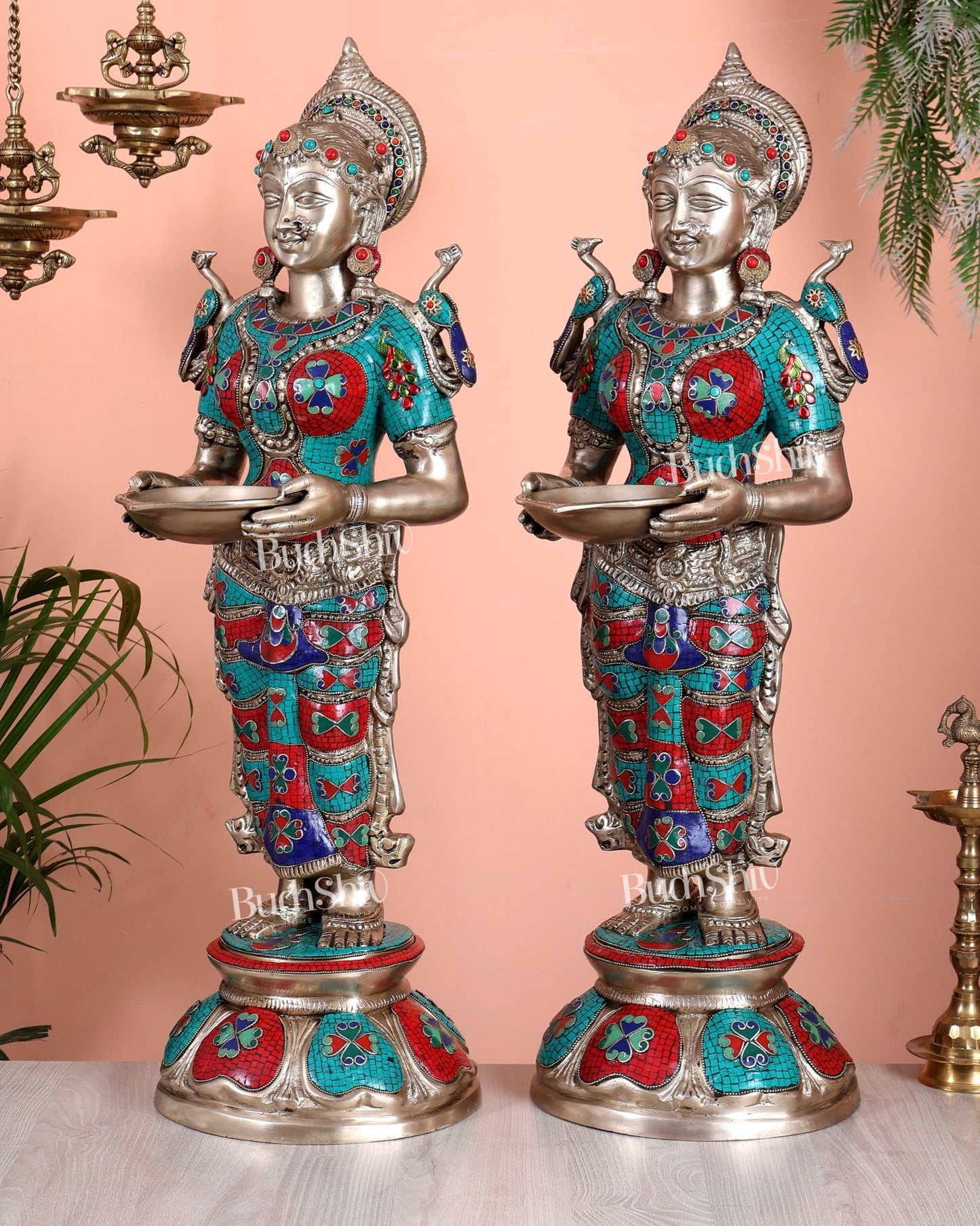 Brass Deep lady Lakshmi Pavaai Vilakku 30" pair with unique Stonework - Budhshiv.com