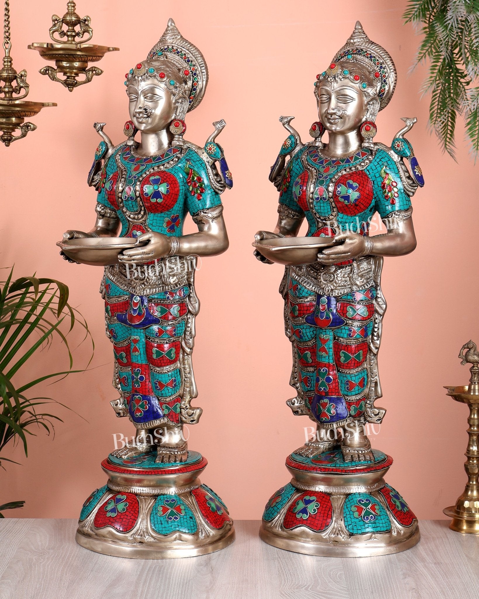 Brass Deep lady Lakshmi Pavaai Vilakku 30" pair with unique Stonework - Budhshiv.com