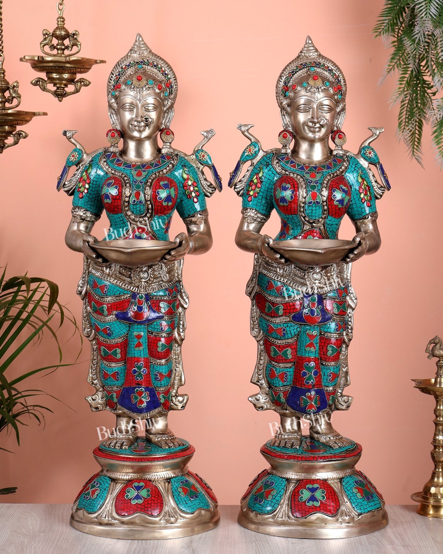 Brass Deep lady Lakshmi Pavaai Vilakku 30" pair with unique Stonework - Budhshiv.com