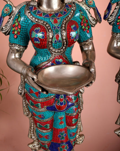 Brass Deep lady Lakshmi Pavaai Vilakku 30" pair with unique Stonework - Budhshiv.com