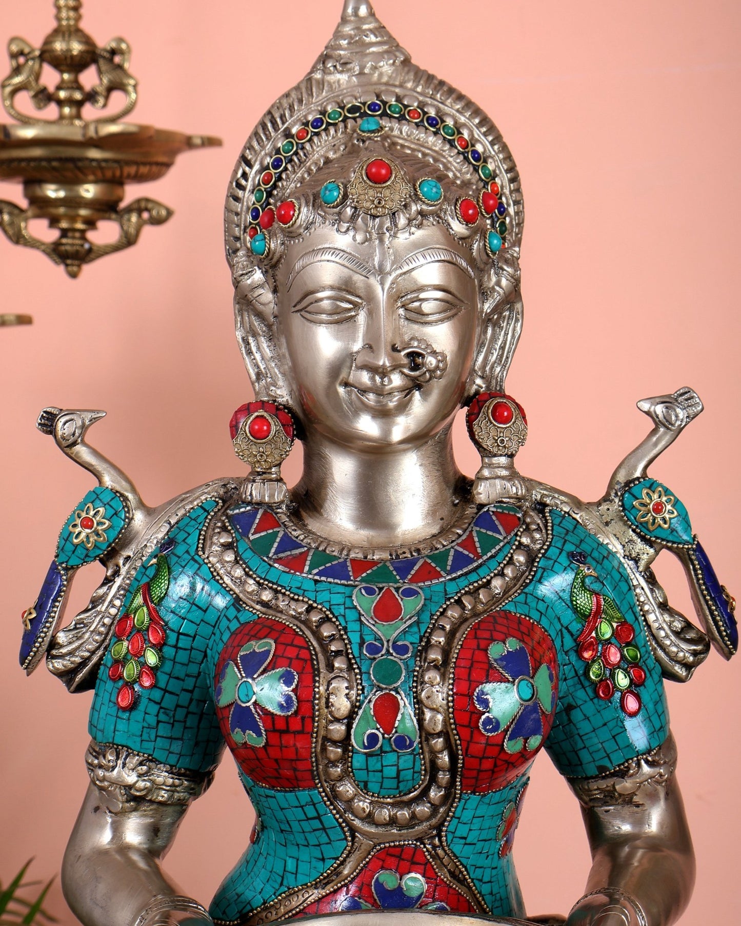 Brass Deep lady Lakshmi Pavaai Vilakku 30" pair with unique Stonework - Budhshiv.com