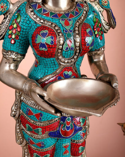 Brass Deep lady Lakshmi Pavaai Vilakku 30" stonework - Budhshiv.com