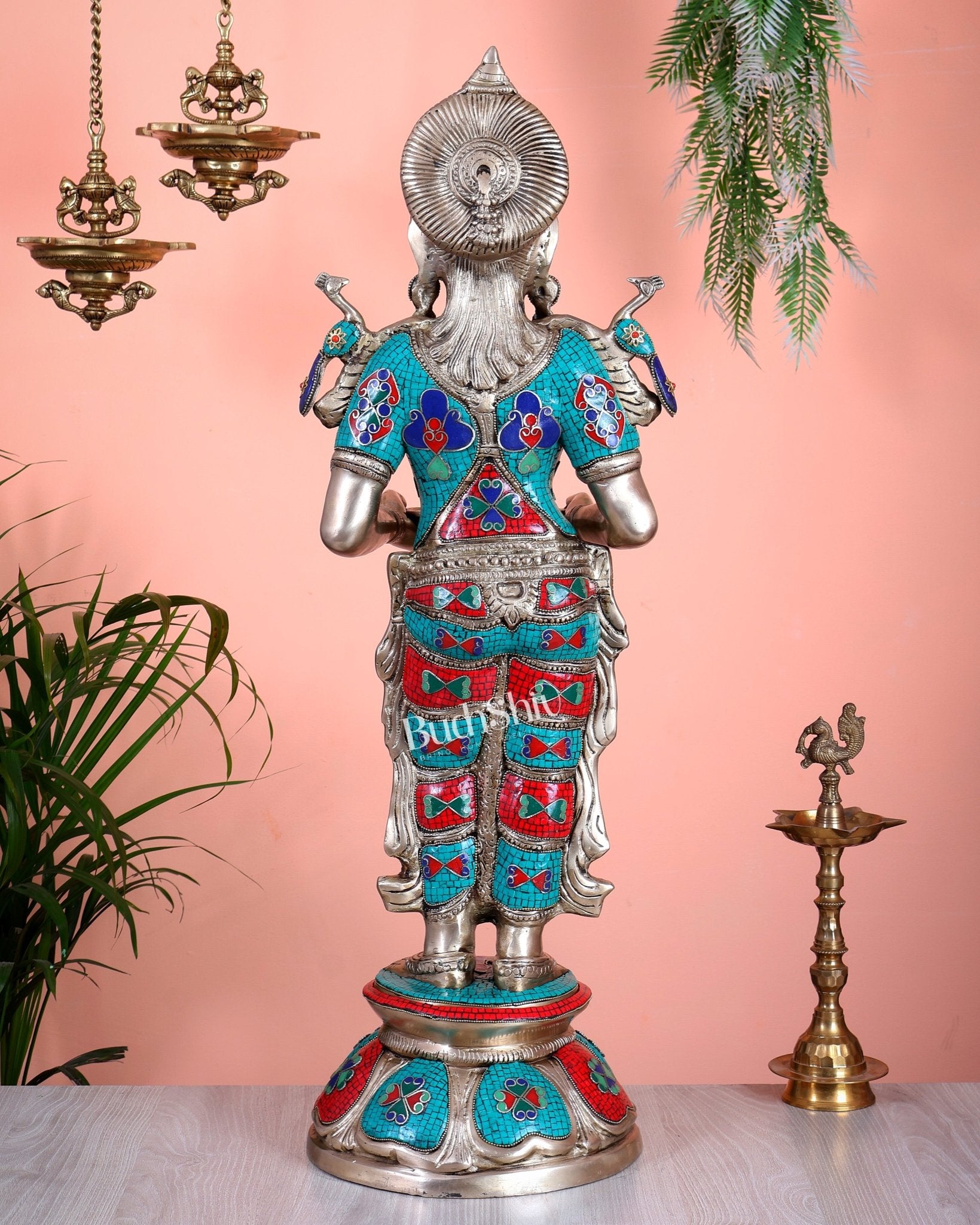 Brass Deep lady Lakshmi Pavaai Vilakku 30" stonework - Budhshiv.com