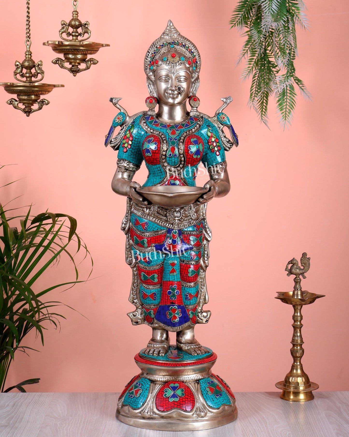 Brass Deep lady Lakshmi Pavaai Vilakku 30" stonework - Budhshiv.com