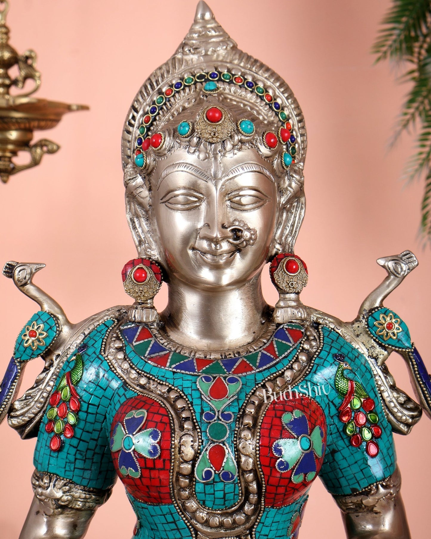 Brass Deep lady Lakshmi Pavaai Vilakku 30" stonework - Budhshiv.com