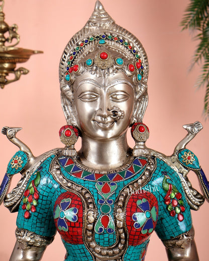 Brass Deep lady Lakshmi Pavaai Vilakku 30" stonework - Budhshiv.com