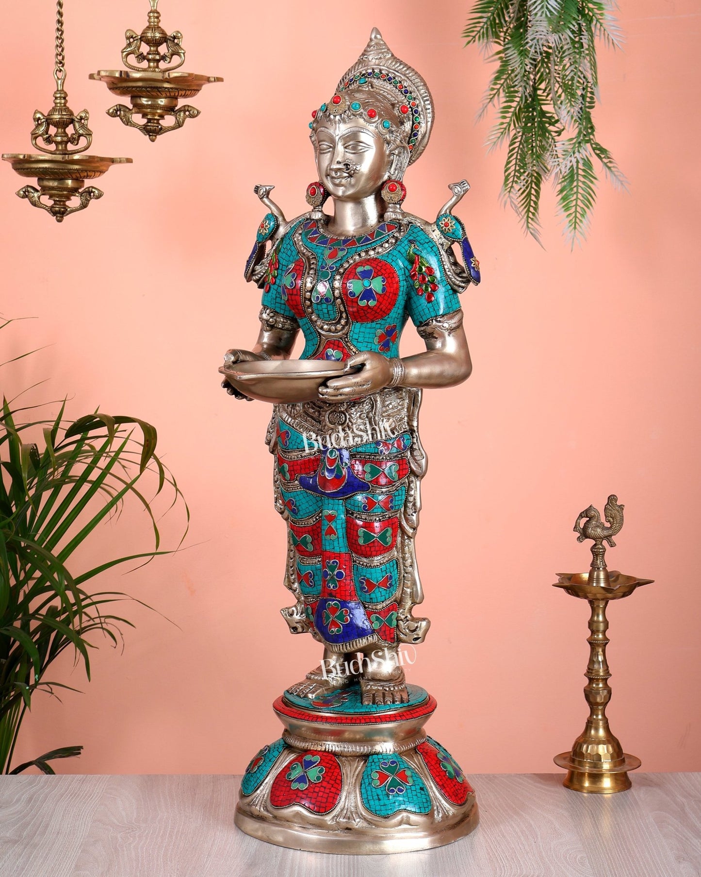 Brass Deep lady Lakshmi Pavaai Vilakku 30" stonework - Budhshiv.com