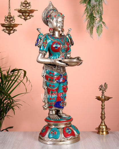 Brass Deep lady Lakshmi Pavaai Vilakku 30" stonework - Budhshiv.com