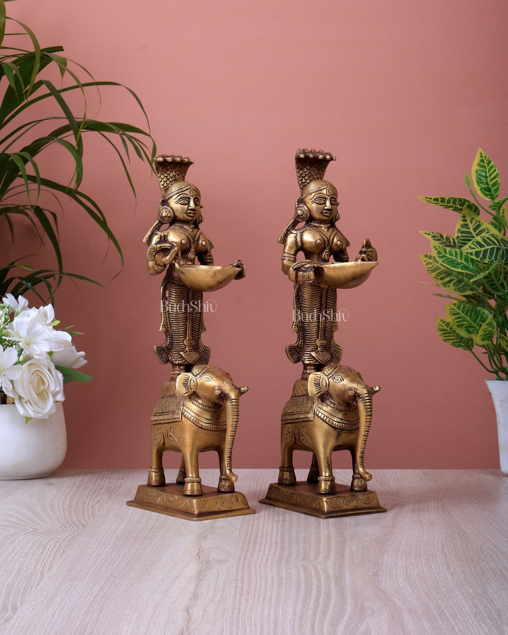 Brass Deep Lady Standing on Elephant Pair (12 Inch, 4.2 Kg) - Budhshiv.com