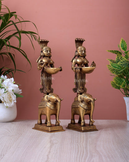 Brass Deep Lady Standing on Elephant Pair (12 Inch, 4.2 Kg) - Budhshiv.com