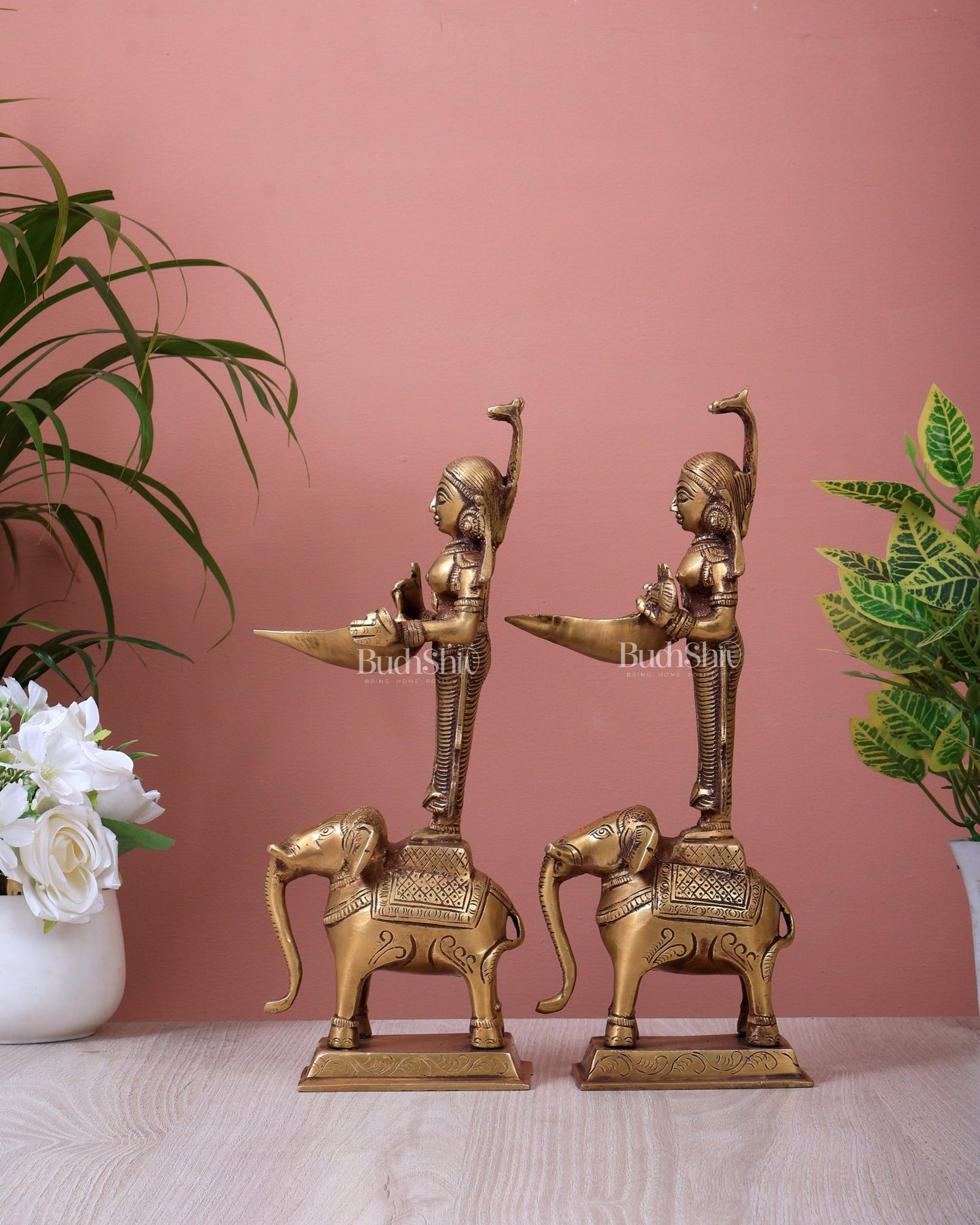 Brass Deep Lady Standing on Elephant Pair (12 Inch, 4.2 Kg) - Budhshiv.com