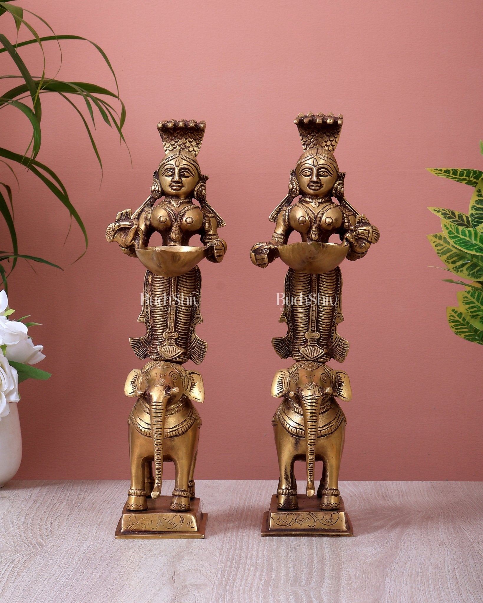Brass Deep Lady Standing on Elephant Pair (12 Inch, 4.2 Kg) - Budhshiv.com