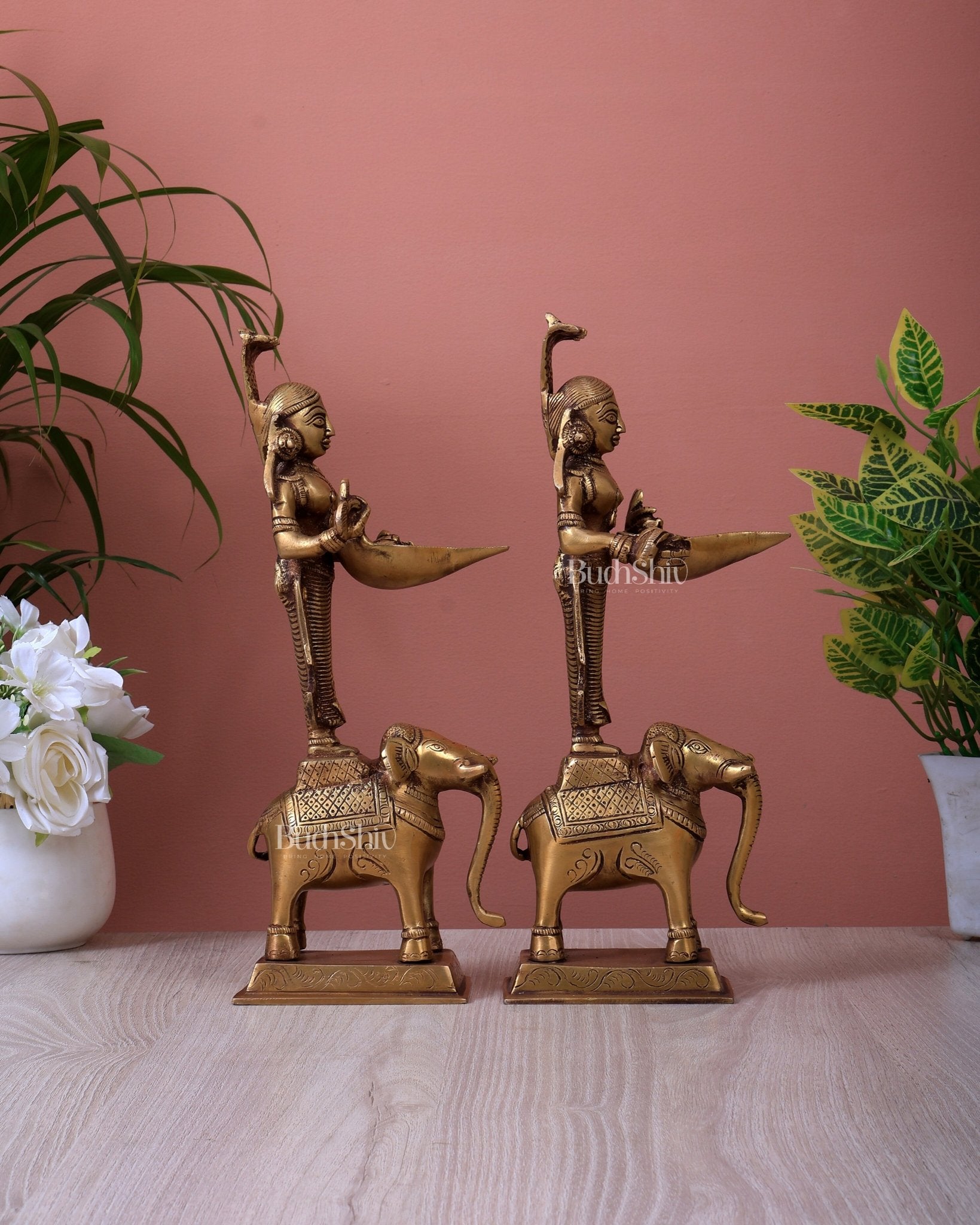 Brass Deep Lady Standing on Elephant Pair (12 Inch, 4.2 Kg) - Budhshiv.com