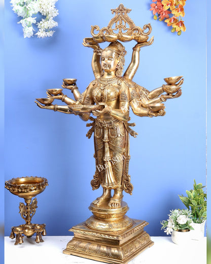 Brass Deep Lady with Multiple Arms & Diyas – Grand Traditional Welcome Statue (48 Inch) - Budhshiv.com