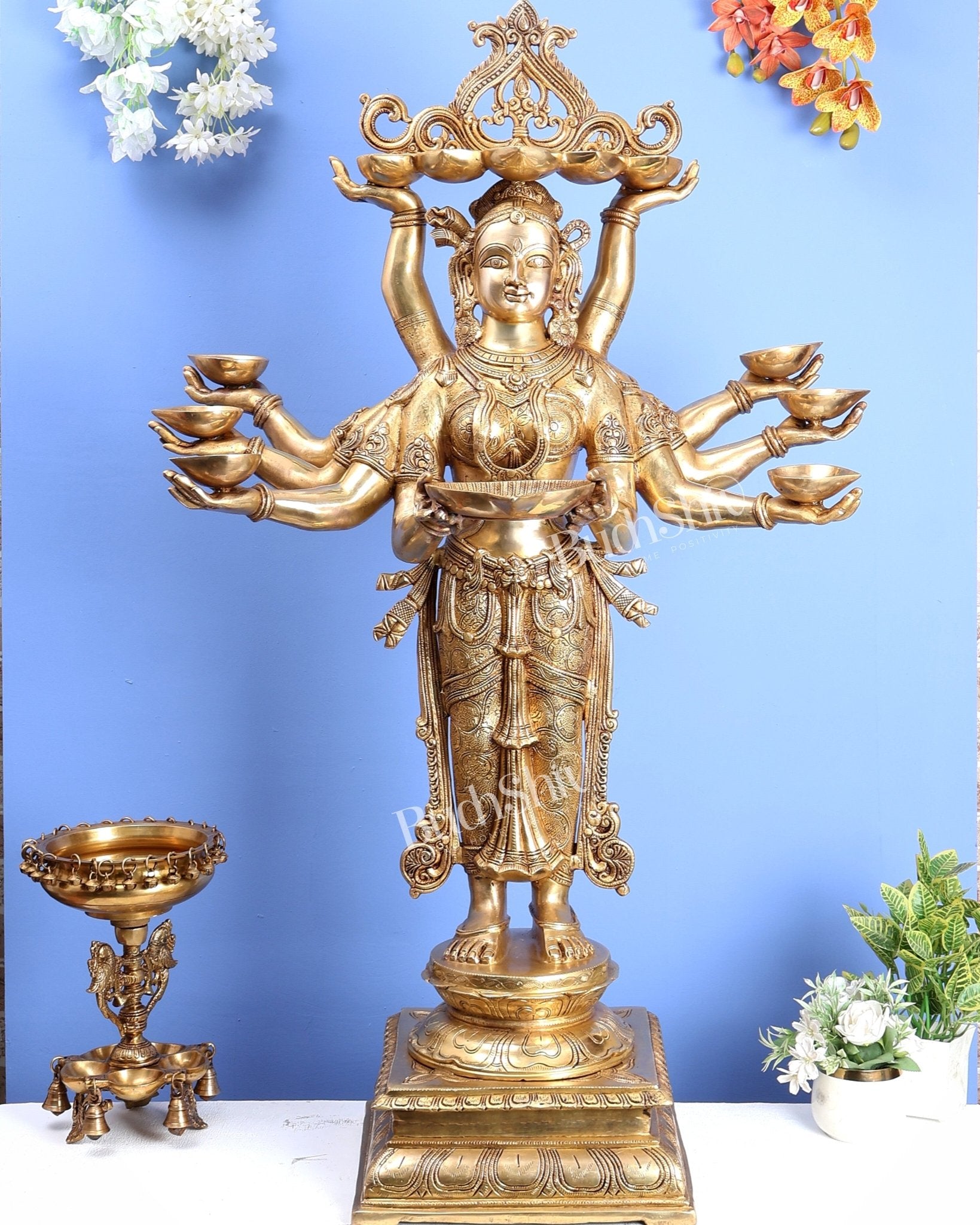 Brass Deep Lady with Multiple Arms & Diyas – Grand Traditional Welcome Statue (48 Inch) - Budhshiv.com