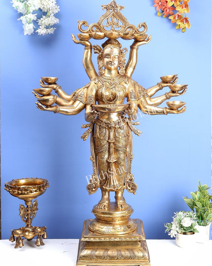 Brass Deep Lady with Multiple Arms & Diyas – Grand Traditional Welcome Statue (48 Inch) - Budhshiv.com
