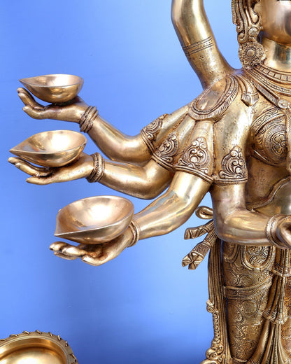 Brass Deep Lady with Multiple Arms & Diyas – Grand Traditional Welcome Statue (48 Inch) - Budhshiv.com