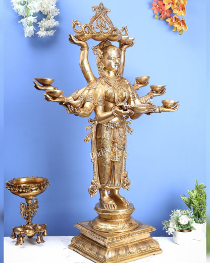 Brass Deep Lady with Multiple Arms & Diyas – Grand Traditional Welcome Statue (48 Inch) - Budhshiv.com