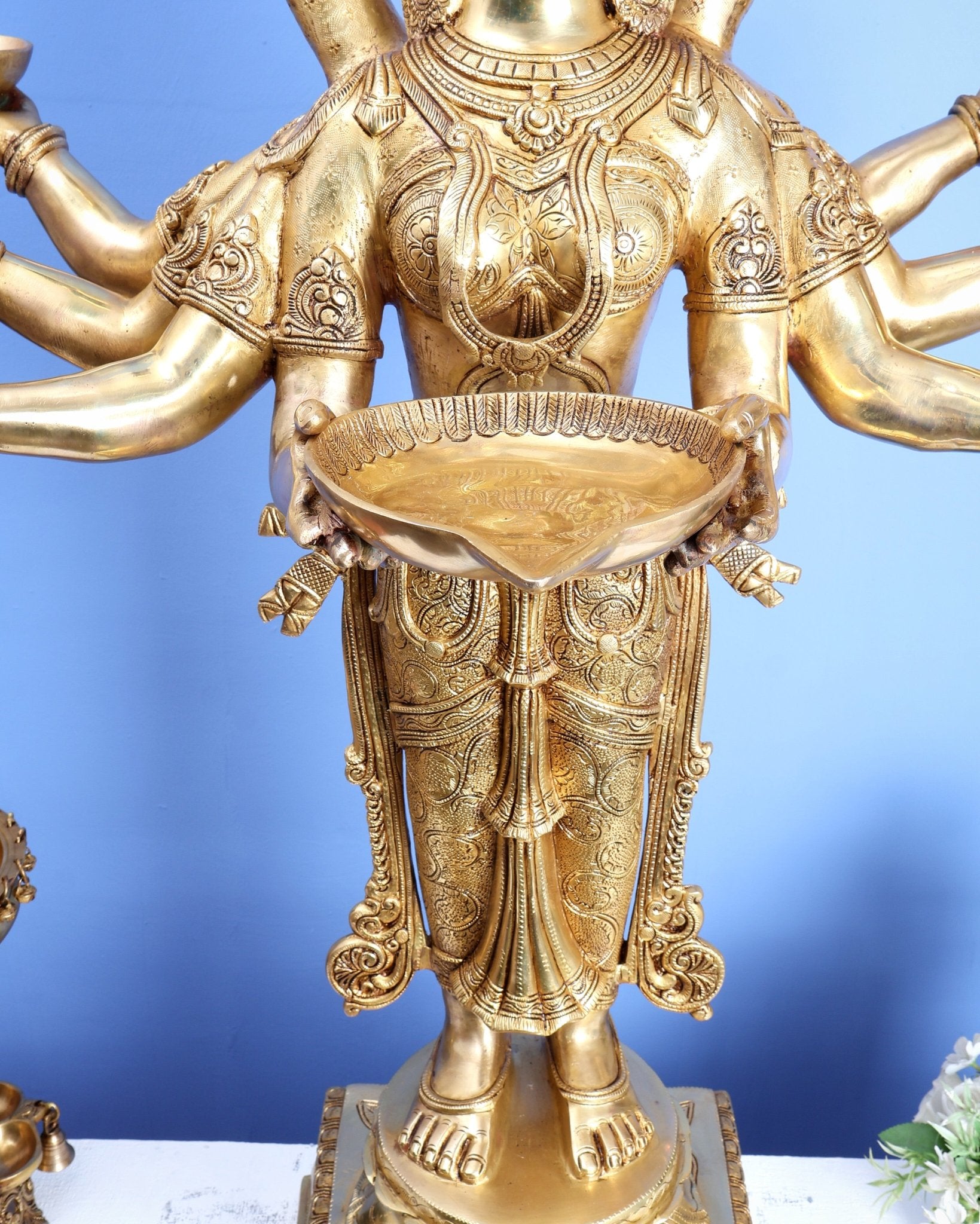 Brass Deep Lady with Multiple Arms & Diyas – Grand Traditional Welcome Statue (48 Inch) - Budhshiv.com