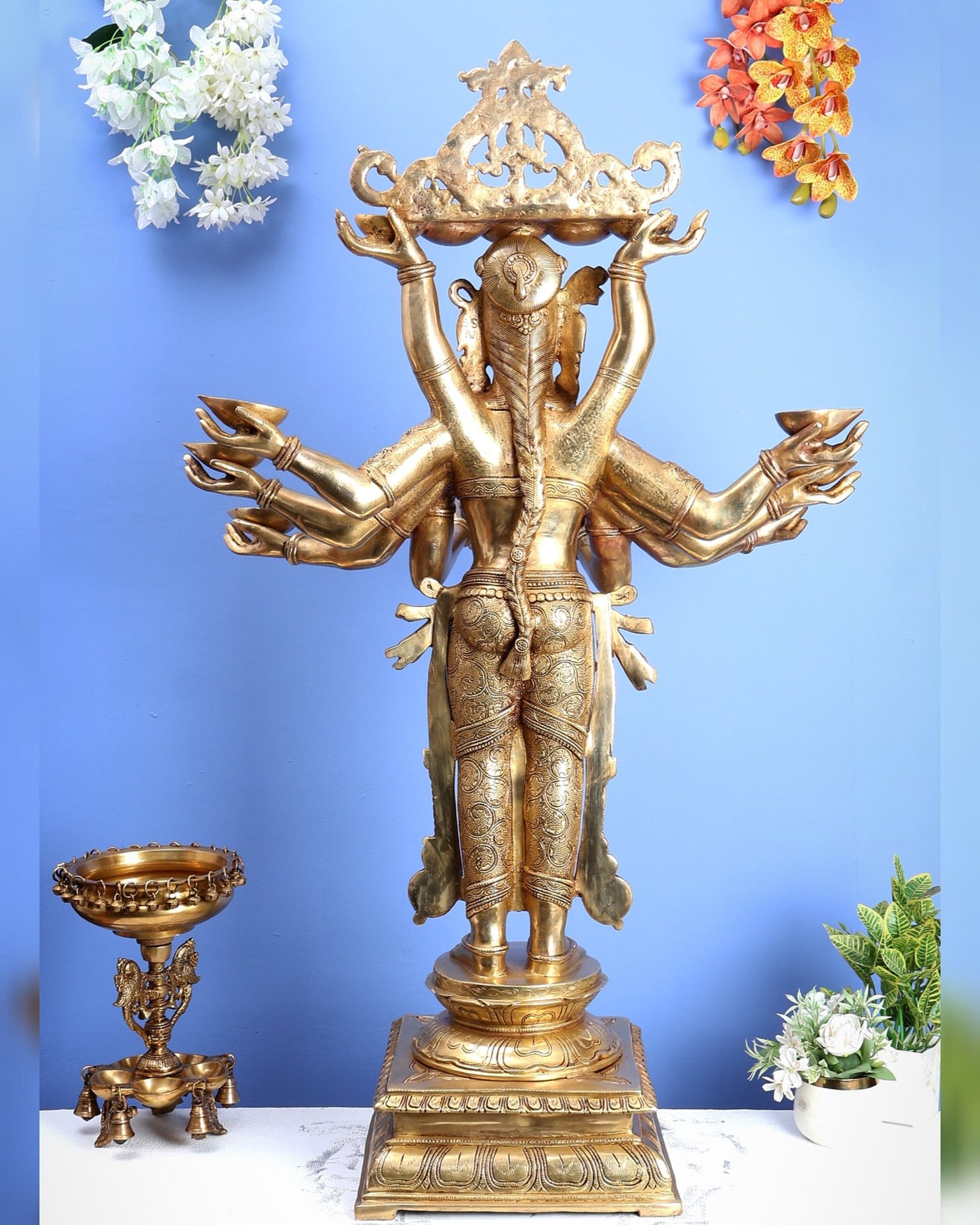 Brass Deep Lady with Multiple Arms & Diyas – Grand Traditional Welcome Statue (48 Inch) - Budhshiv.com