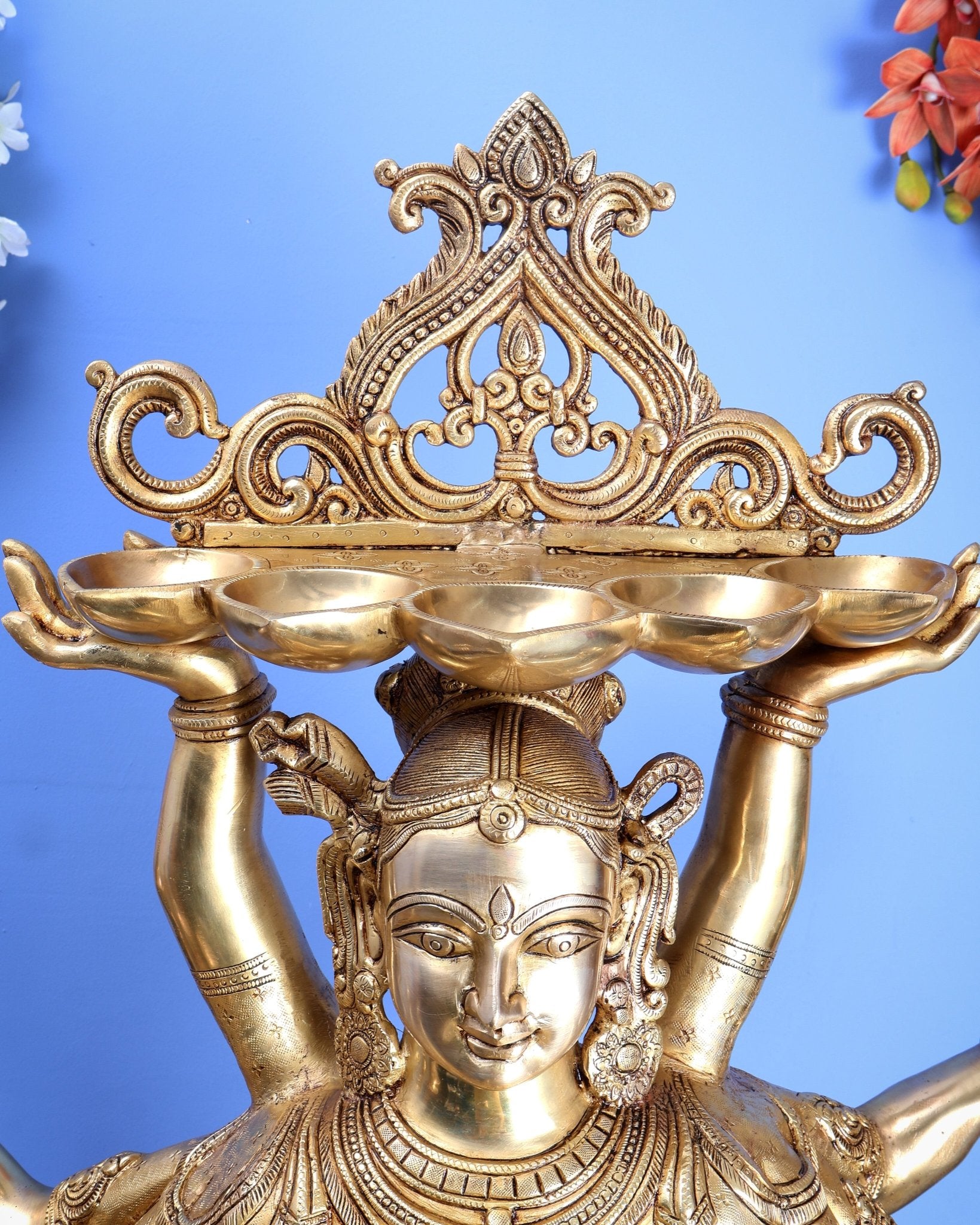 Brass Deep Lady with Multiple Arms & Diyas – Grand Traditional Welcome Statue (48 Inch) - Budhshiv.com
